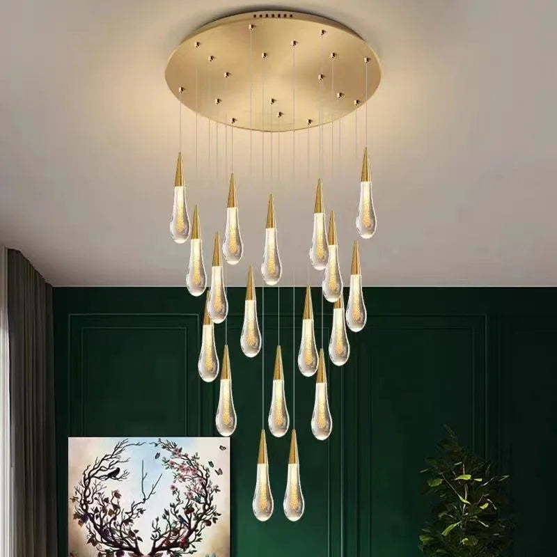 Afralia™ Gold Drop Design LED Crystal Chandelier for Staircase & Lobby