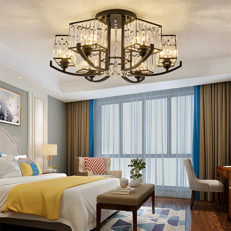 Afralia™ Crystal LED Chandelier Black Iron Luxury Ceiling Lamp