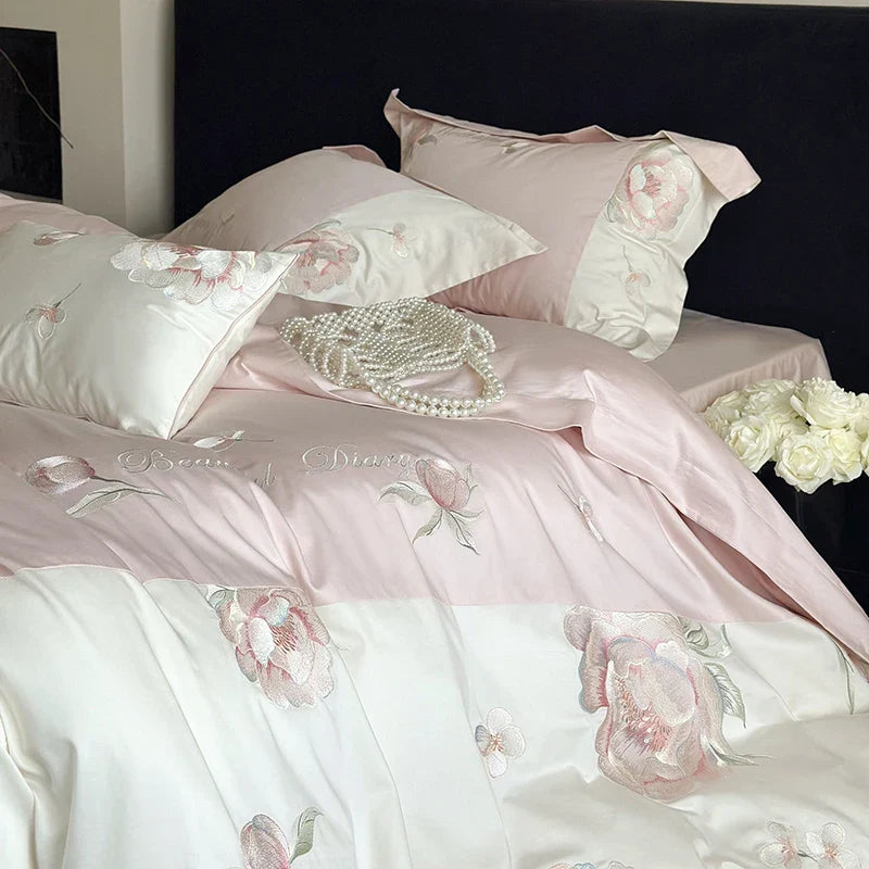 Afralia™ Pink Flowers Embroidery Luxe Bedding Set: 1000TC Egyptian Cotton Duvet Cover, Bed Sheet, Pillowcases
