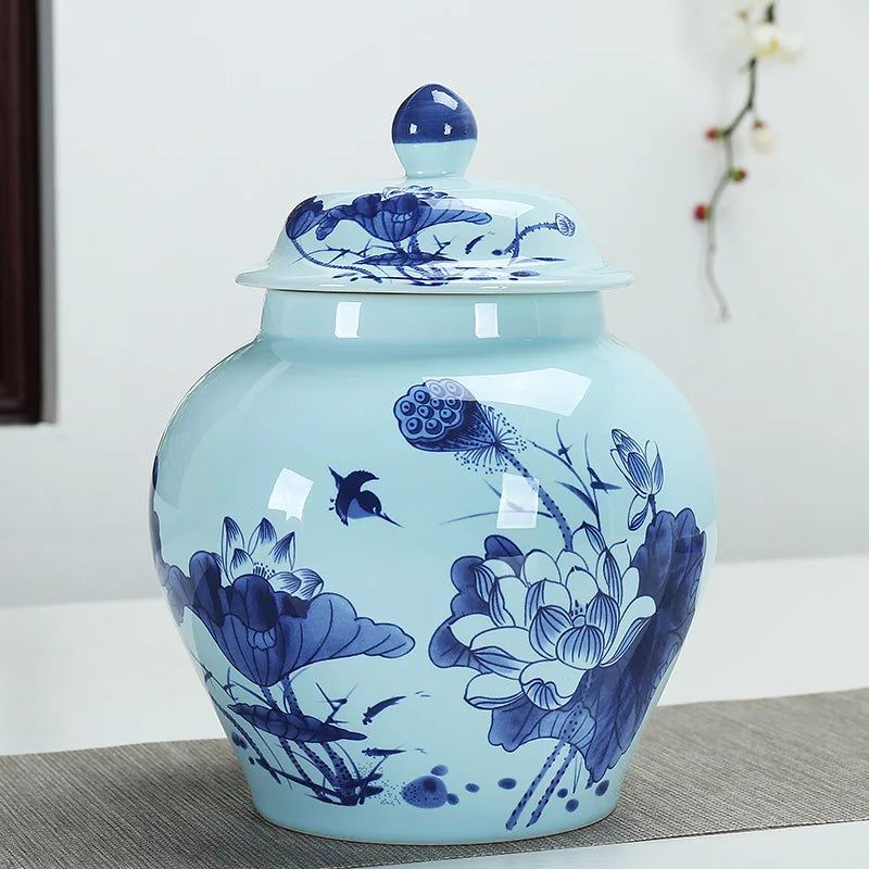 Afralia™ Hand Painted Blue and White Ceramic Tea Canister Jar