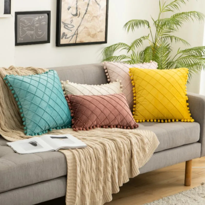 Afralia™ Corduroy Striped Pompom Pillowcase for Bedroom Sofa Living Room