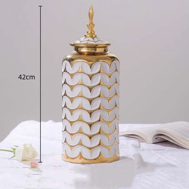Afralia™ Checkmate Ginger Jar Vase Plaid Gold Porcelain Bottle Home Decor