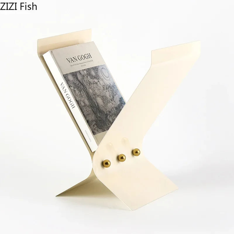 Afralia™ X-Shaped Bookshelf Beige Magazine Holder Modern Metal Rack Room Decor