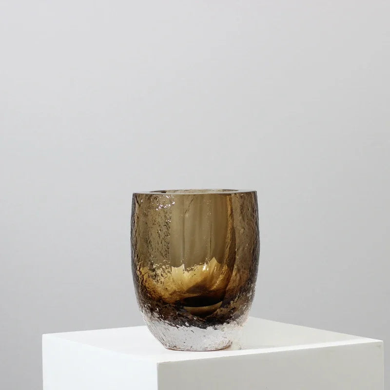 Afralia™ Brown Glazed Glass Vase Hammer Cut Decorative Handicraft Flower Arrangement Ornaments