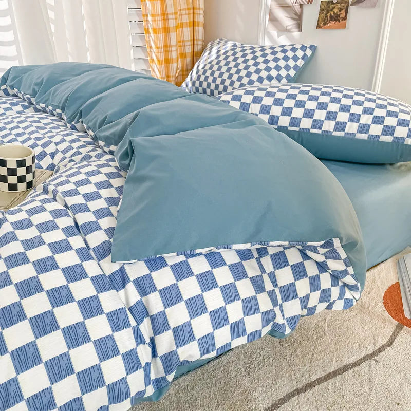 Afralia™ Nordic Checkerboard Pattern Washed Cotton Bedding Set for All-Season Comfort