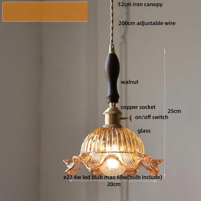Afralia™ Vintage Green Glass Flower Knob Switch LED Pendant Lights, Copper Hanging Lamp