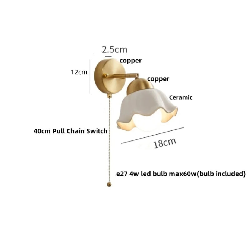 Afralia™ Copper LED Wall Light Fixture Pull Chain Switch Simple Art Bedside Lamp