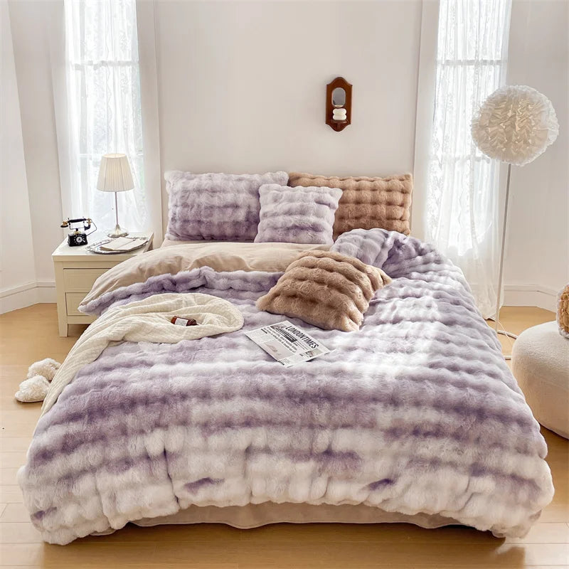 Afralia™ Velvet Fleece Princess Bedding Set in Pink Purple Grey Gradient, Luxury Duvet Cover & Faux Rabbit Fur