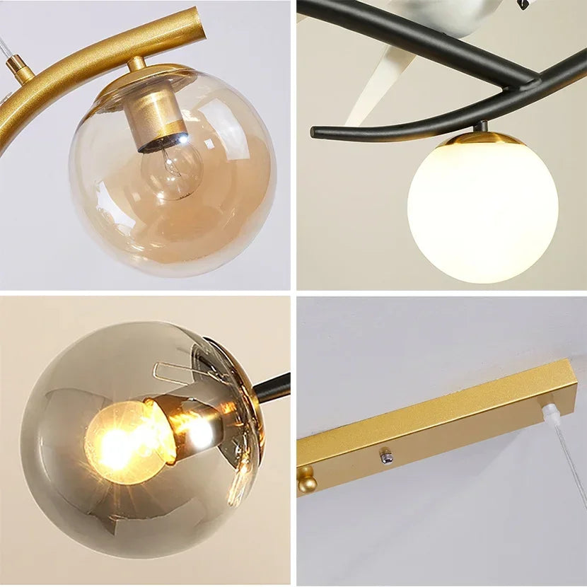 Afralia™ Birds Hanging Glass LED Chandelier in Black & Gold Iron - Modern Kitchen Island Light