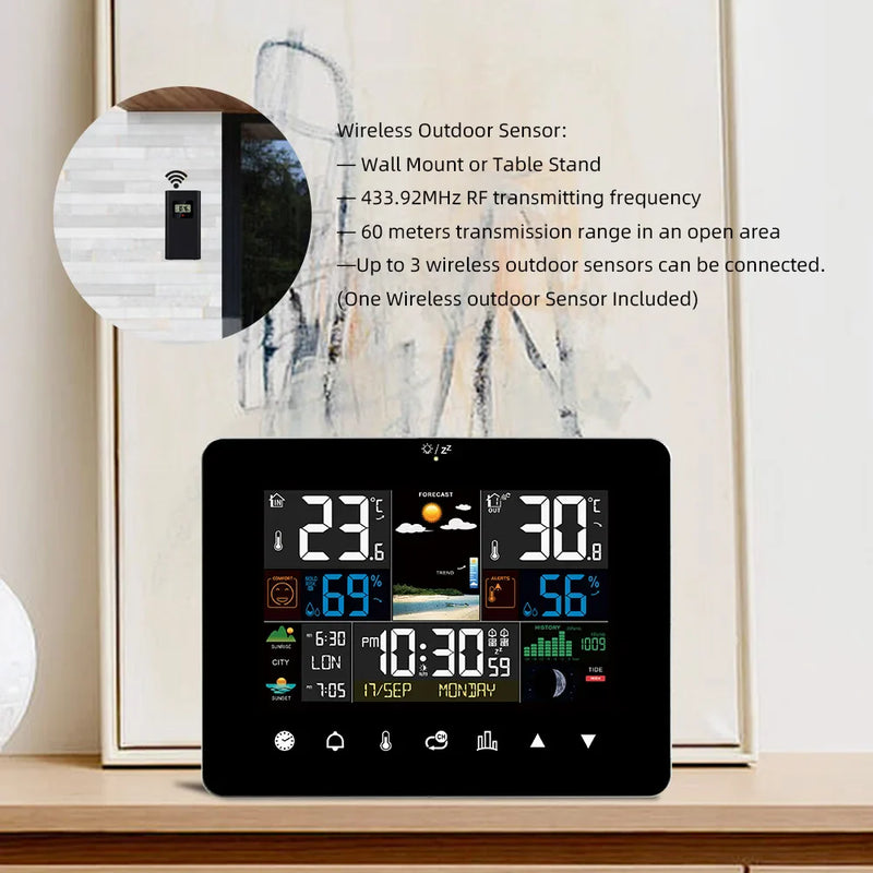 Afralia™ Weather Station Clock with Outdoor Sensor - Temperature Humidity Meter Sunrise Sunset