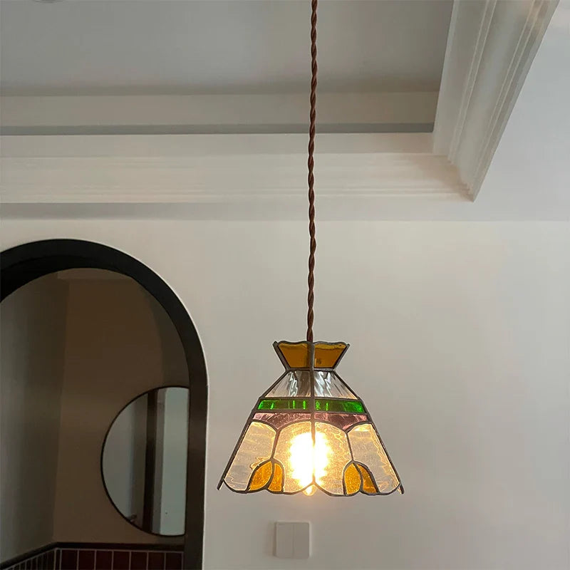 Afralia™ Tiffany Style Glass LED Pendant Lights with Walnut Wood and Adjustable Wire
