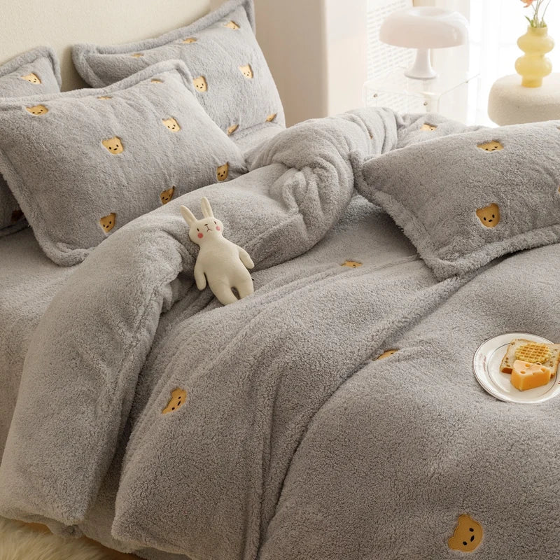 Afralia™ Berber Fleece Star Bear Embroidery Bedding Set - Cream White, Winter Home Textiles