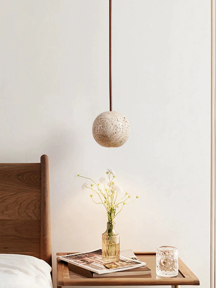 Afralia™ Stone Yellow Travertine Pendant Chandelier - Small Round Nordic Bedroom Lighting