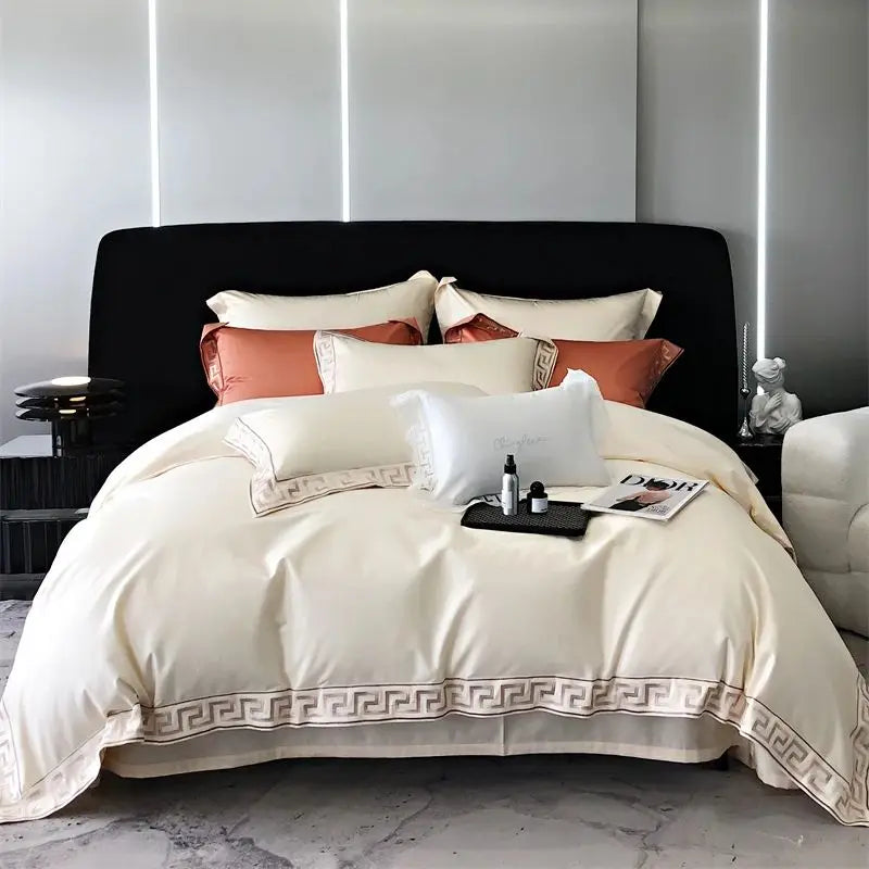 Afralia™ Gold Embroidery Duvet Set, Black Egyptian Cotton Bedding, 1000TC, Double King Queen