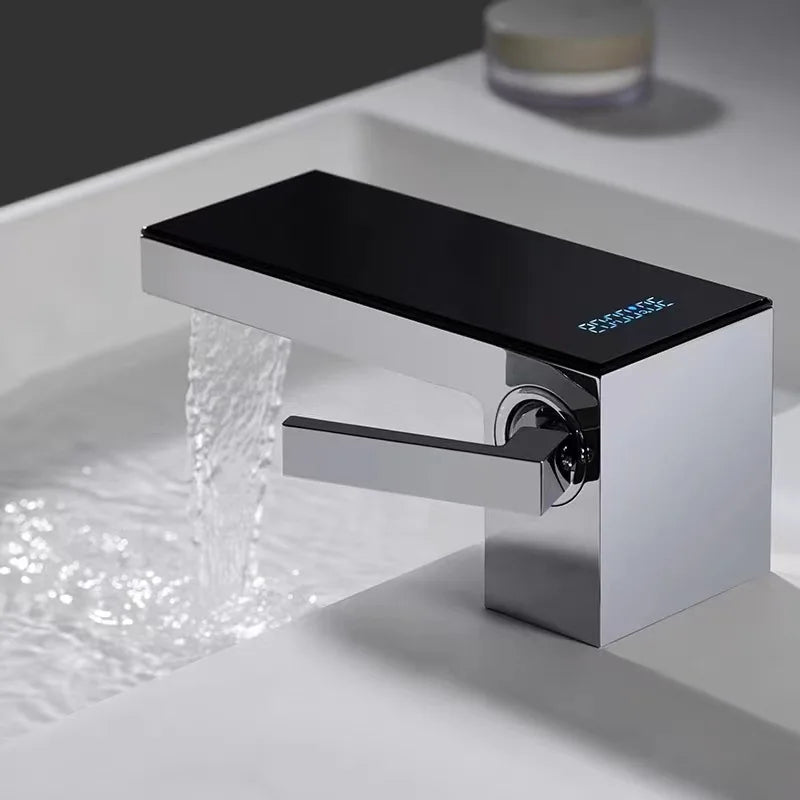Afralia™ Chrome Brass Bathroom Faucet: Digital Display Single Handle Waterfall Basin Mixer