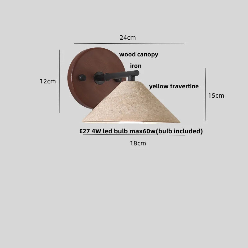 Afralia™ LED Yellow Travertine Wall Light with Wood Pull Chain Switch and Iron Frame