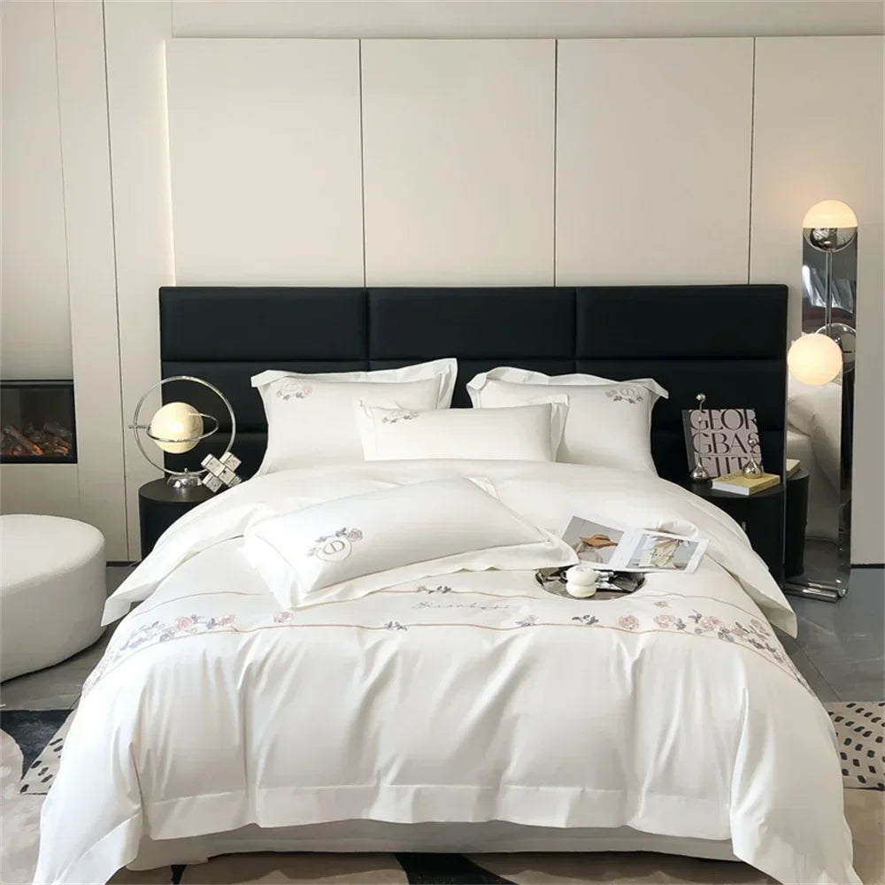 Afralia™ Pale Mauve Flowers Embroidery 1000TC Egyptian Cotton Bedding Set - Queen King Size