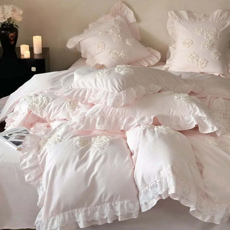 Afralia™ Pink Flowers Ruffles Princess Wedding Bedding Set - Soft Washed Cotton