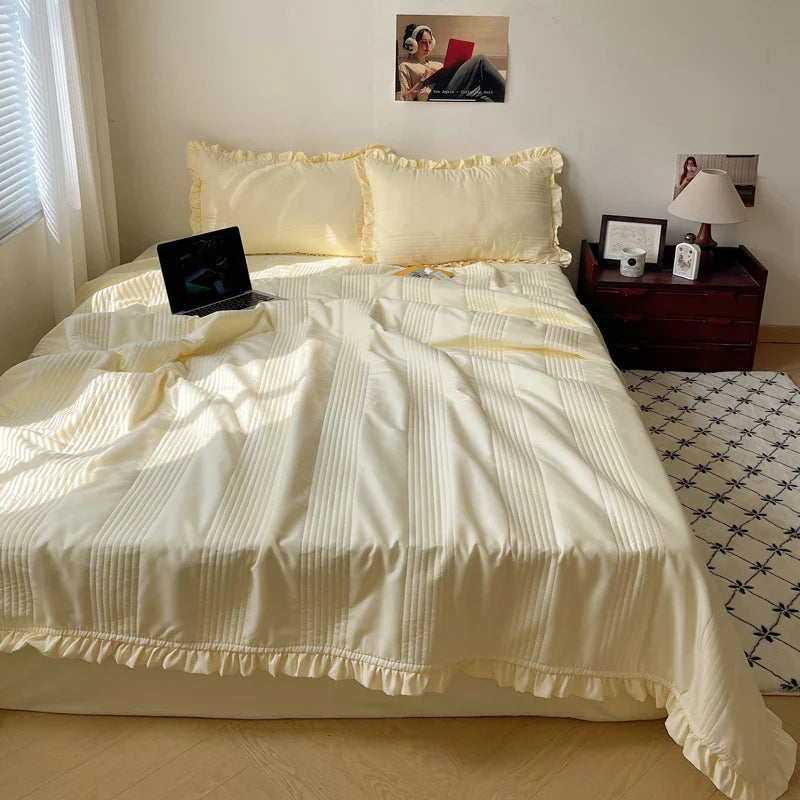Afralia™ Korean Princess Lace Ruffles Summer Quilt Bedspread - 3Pc Bedding Set