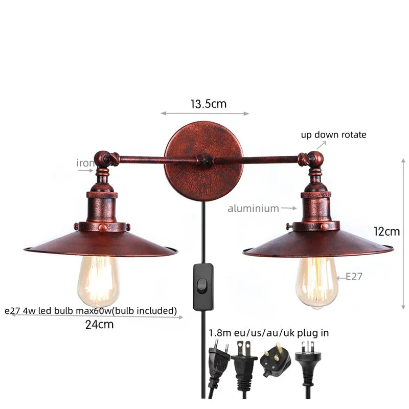 Afralia™ Vintage Iron 2-Head LED Wall Lamp for Foyer Living Room & Bedside
