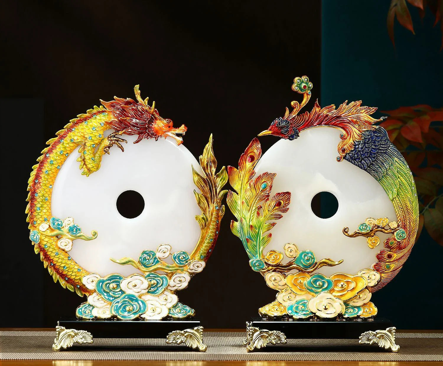 "Afralia™ Jade Dragon Phoenix Ornament Enamel Living Room Decoration"