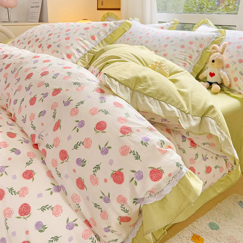 Afralia™ Floral Ruffles Bedding Set with Duvet Cover, Sheets, and Pillowcases