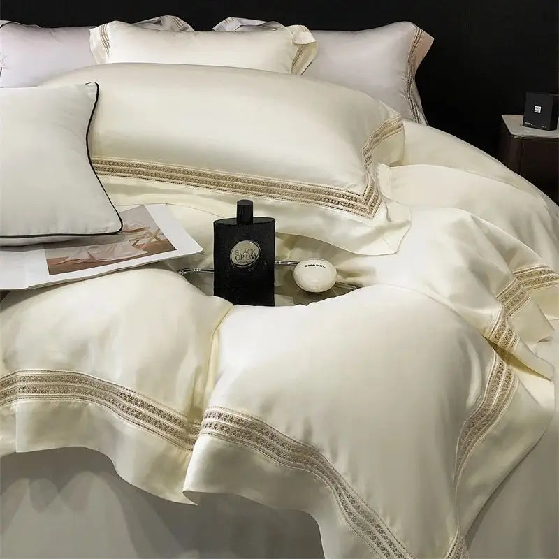 Afralia™ Luxury Lace Edge Bedding Set: Duvet Cover, Bed Sheet, Fitted Sheet, Pillowcases