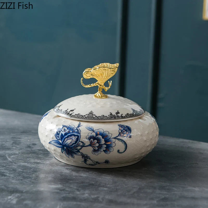 Afralia™ Dragonfly Lid Ceramic Jewelry Box - Round Floral Pattern Storage Jar