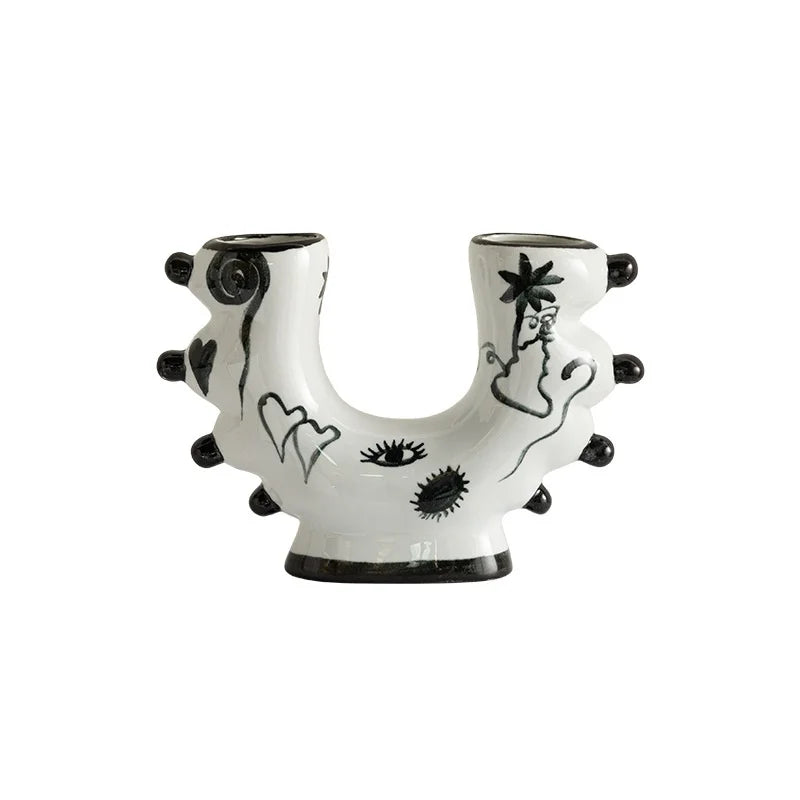 Afralia™ Graffiti Ceramic Vase U-Shape Hand-Painted Abstract Handicraft Floral Arrangement Accessory