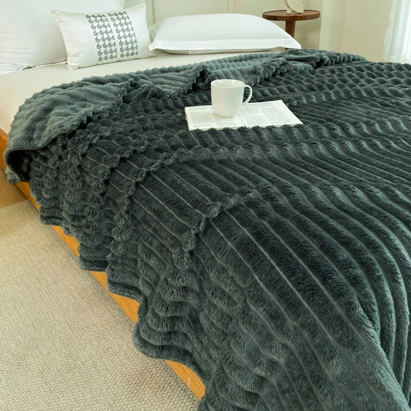 Afralia™ Faux Rabbit Plush Striped Blanket: Nordic Coral Velvet Carpet for Napping & Quilting.