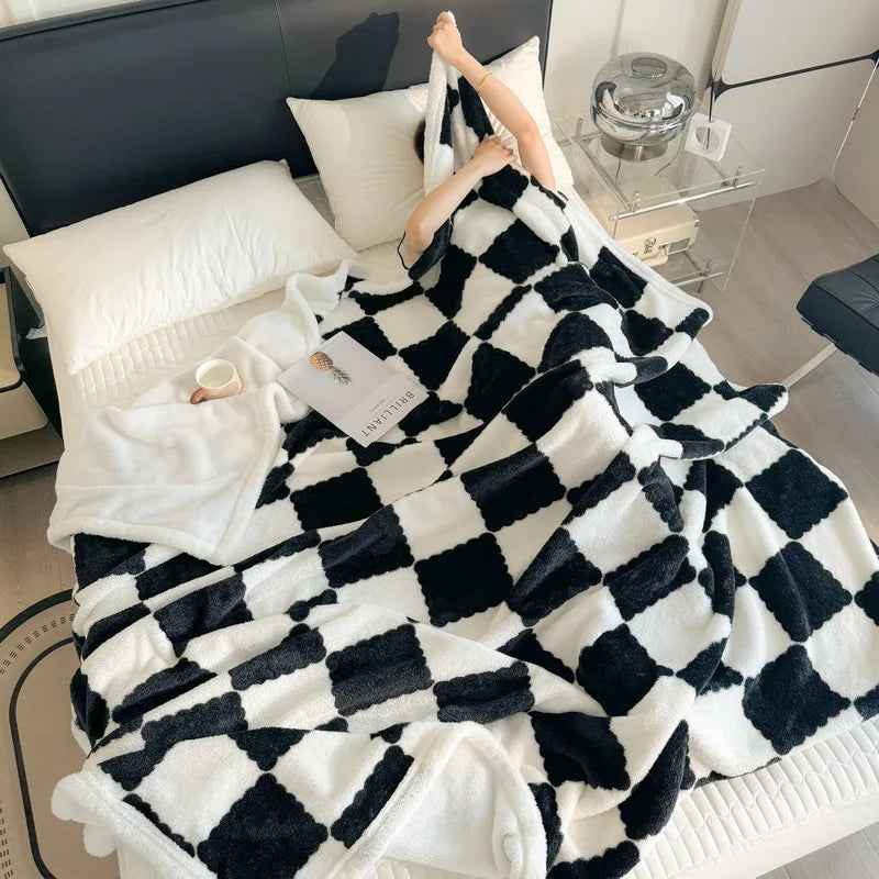 Afralia™ Velvet Checkerboard Blanket - Double Layered Thick Coral Fleece Sofa Cover