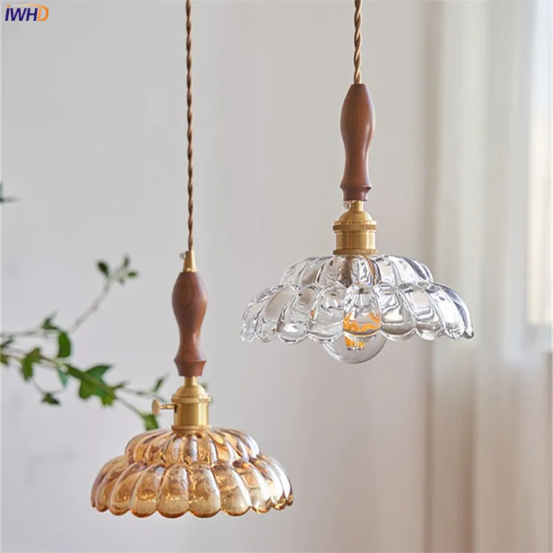 Afralia™ Vintage Glass Copper LED Pendant Light with Wooden Handle