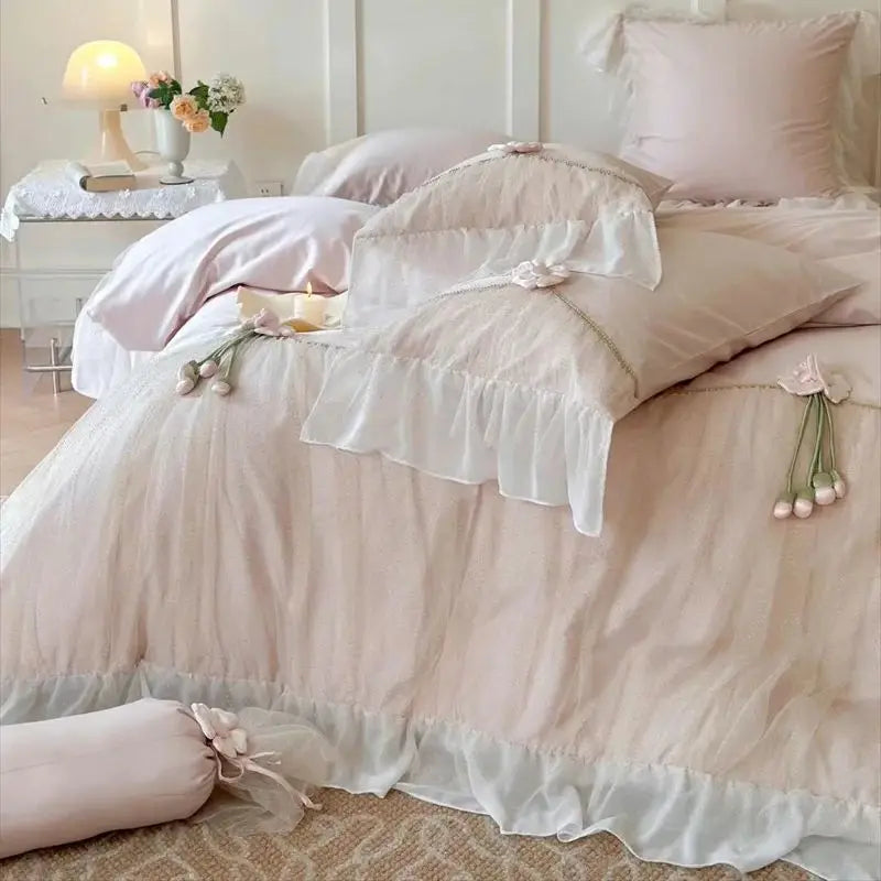 Afralia™ Princess 1000TC Egyptian Cotton Bedding Set with Handmade Flowers & Lace Ruffles