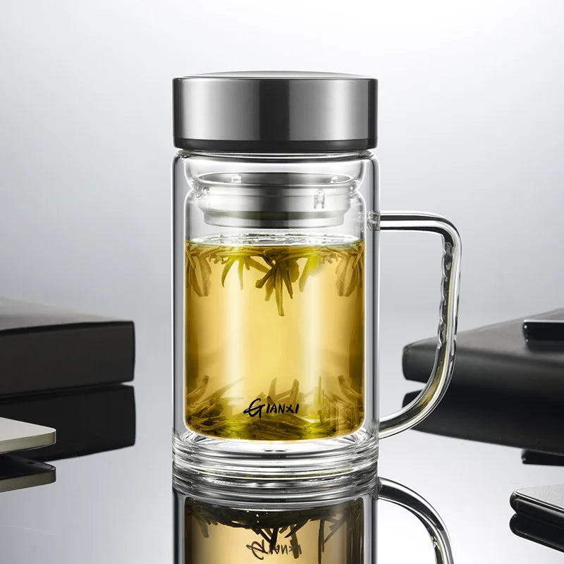 Afralia™ Double Walled Insulated Glass Tea Cup with Filter - Business Men Drinkware