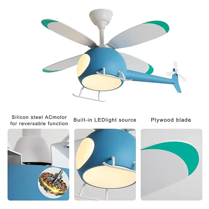 Afralia™ Aircraft LED Chandelier Ceiling Fan Light Remote Dimming Kids Room Bedroom Decor