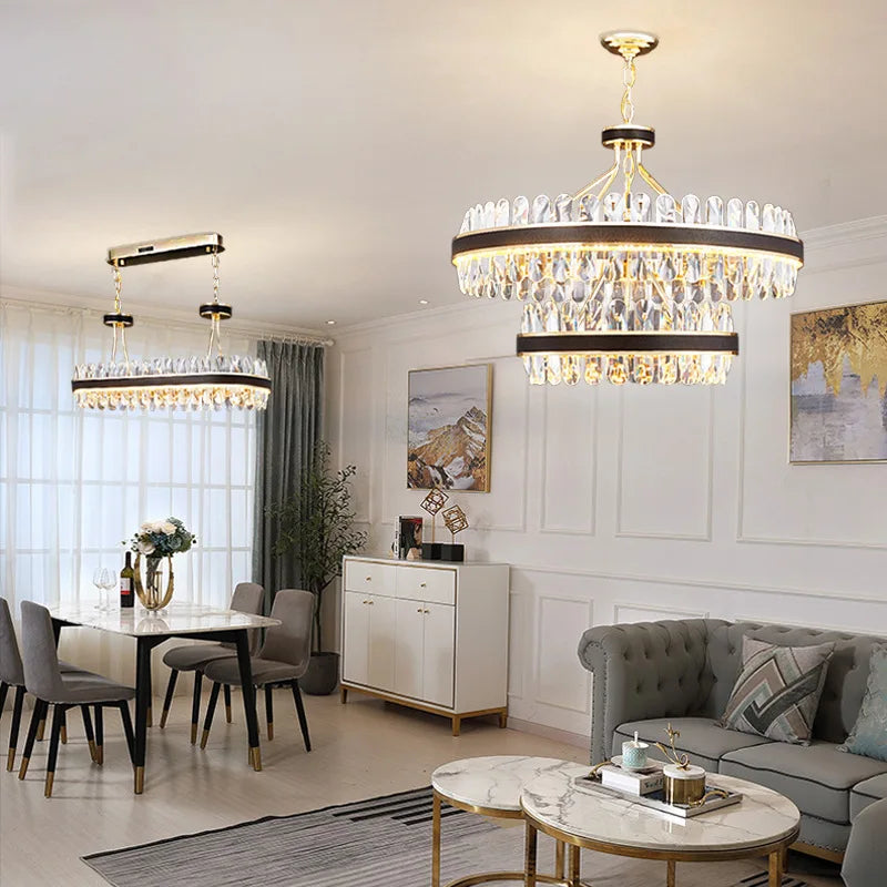 Afralia™ Black Gold Round LED Crystal Chandelier for Living Room - Modern Suspension Luminaire