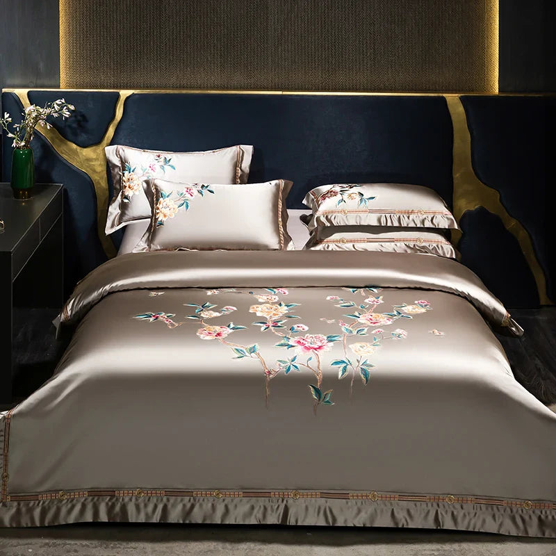 Afralia™ Peony Embroidery Luxury 1200TC Egyptian Cotton Bedding Set