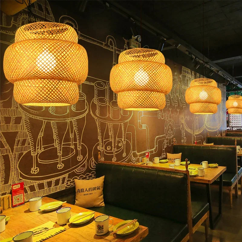 Afralia™ Rattan LED Chandelier Pendant Lighting Vintage Restaurant Cafe Art Suspension