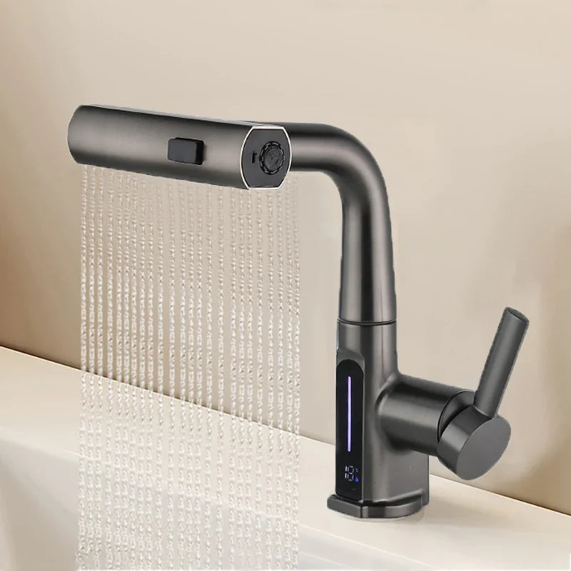 Afralia™ Temperature Digital Display Basin Faucet Pull Out Mixer Tap for Bathroom