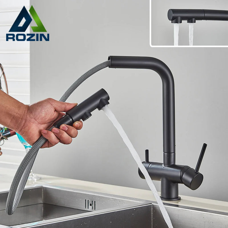 Afralia™ Black Pull Out Water Purifier Faucet: 2-in-1 Hot Cold Mixer Tap