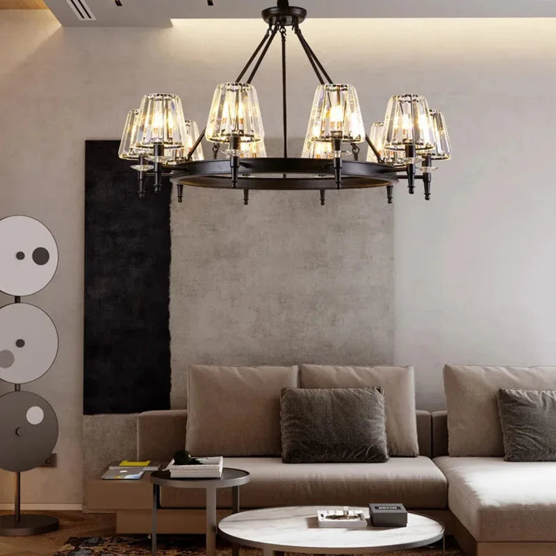 Afralia™ Matte Black Metal LED Chandelier with K9 Crystal Shades - Round Pendant Lighting