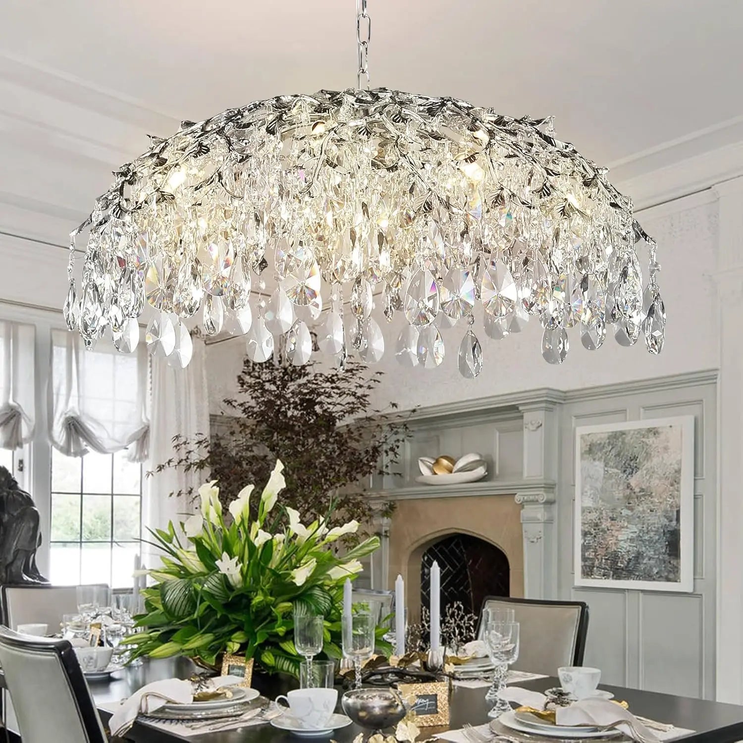 Afralia™ Silver Crystal Chandelier for Living Room Dining Kitchen Bedroom