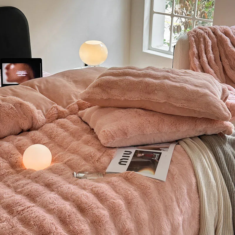 Afralia™ Faux Rabbit Fur Bedding Set, Velvet Plush, Soft & Luxurious 4Pcs