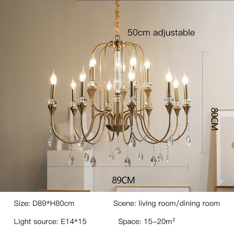 Afralia™ Luxury Copper Crystal Chandelier - Retro Gold Candle Pendant Light