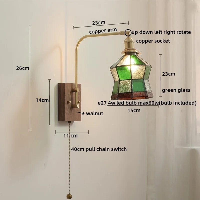 Afralia™ Glass Walnut LED Wall Lamp with Pull Chain Switch - Modern Home Decor