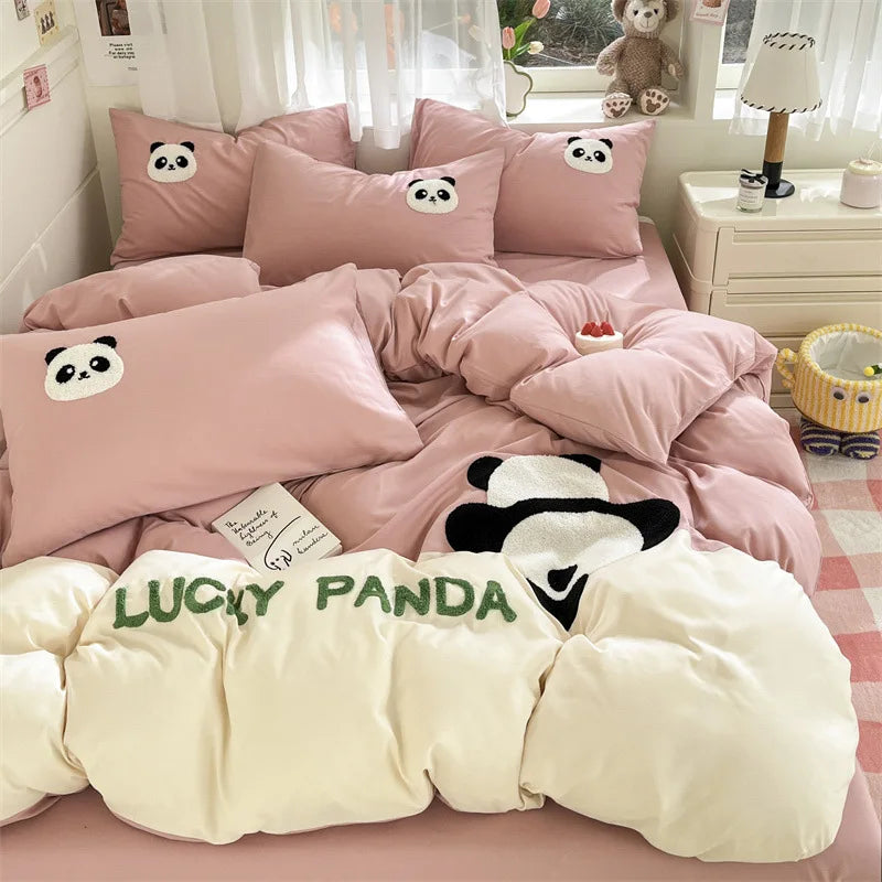 Afralia™ Panda Cotton Embroidery Bedding Set for Queen King Size