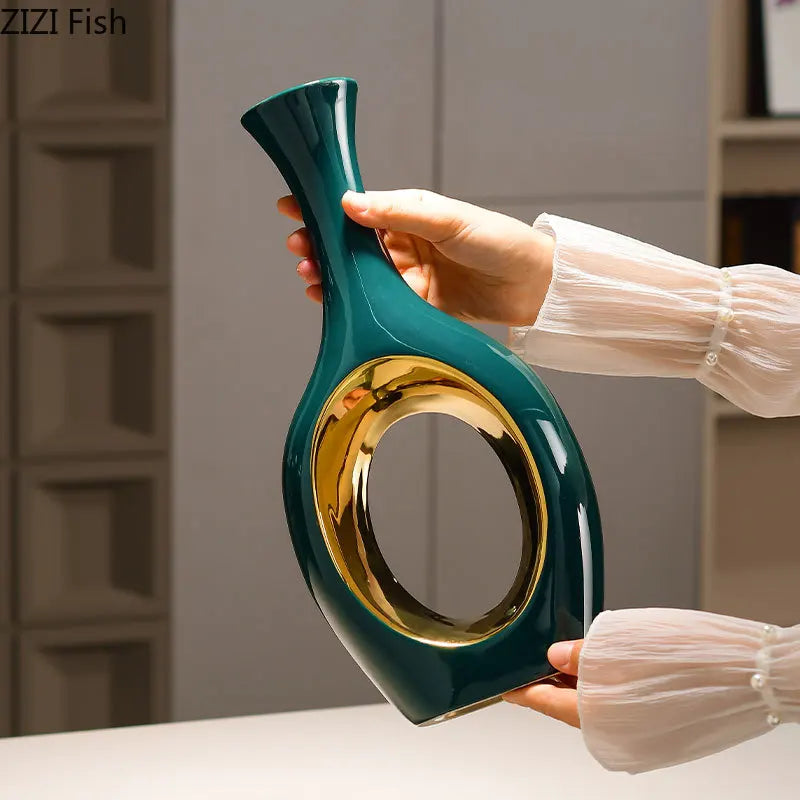 Afralia™ Gold Ceramic Vase with Artificial Flowers for Elegant Room Decor