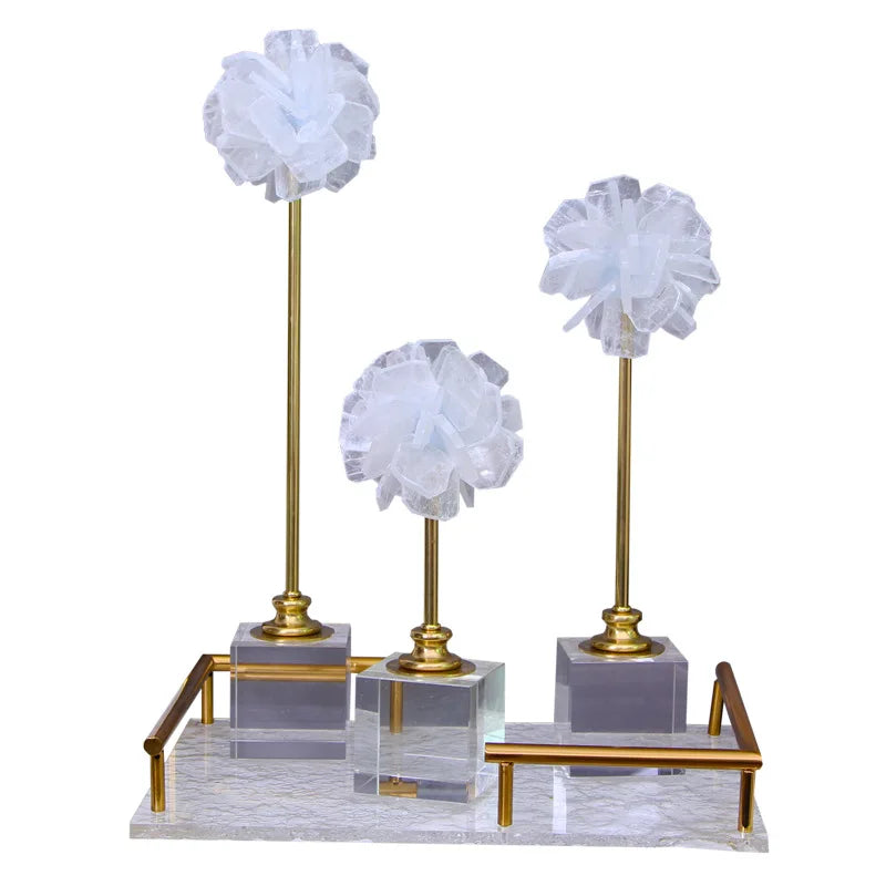 Afralia™ Crystal Flower Glass Craft Hyalinite Sculpture Metal Decor Figurine