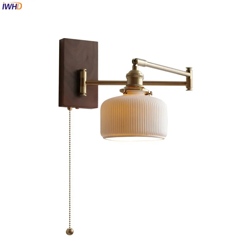 Afralia™ Wood Canopy LED Wall Lamp with Pull Chain Switch, Left Right Totate Arm Sconce