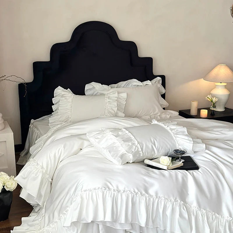 Afralia™ White French Princess Double Ruffles 1000TC Cotton Bedding Set
